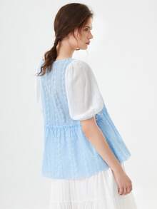 Mulvari Geo & Plant Embroidered Puff Sleeve Frilled Blouse - Baby Blue - View 2