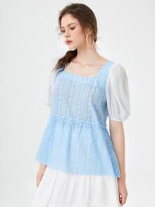 Mulvari Geo & Plant Embroidered Puff Sleeve Frilled Blouse - Baby Blue - View 3