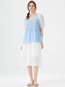 Mulvari Geo & Plant Embroidered Puff Sleeve Frilled Blouse - Baby Blue - View 4