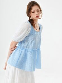 Mulvari Geo & Plant Embroidered Puff Sleeve Frilled Blouse - Baby Blue - View 5