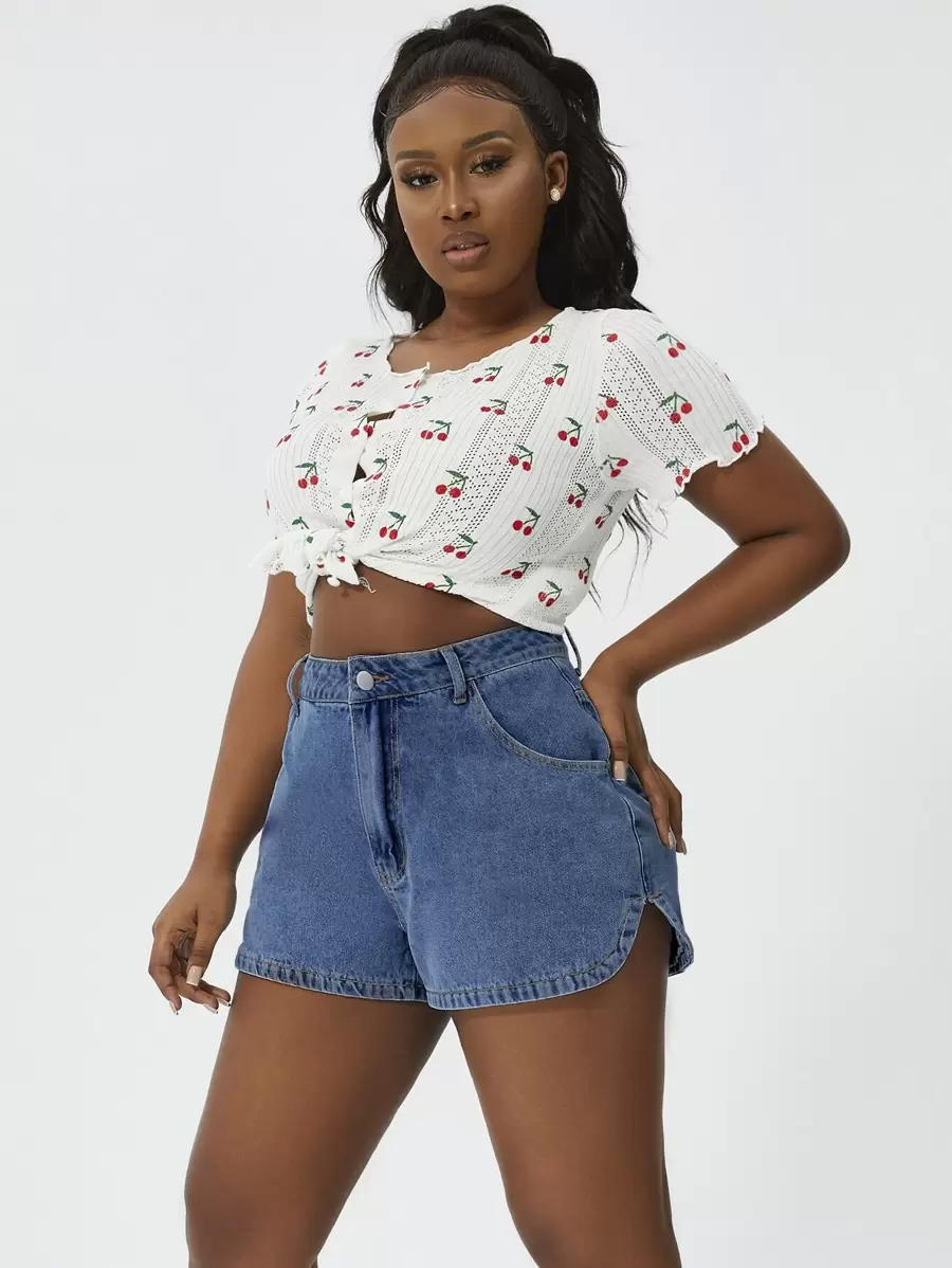 Plus High Waist Slant Pocket Denim Shorts - Medium Wash - View 1