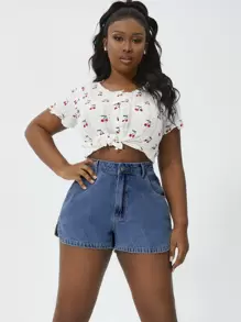 Plus High Waist Slant Pocket Denim Shorts - Medium Wash - View 4