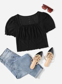 SHEIN Qutie 大碼網眼刺繡木耳褶皺邊泡泡袖木耳邊T恤