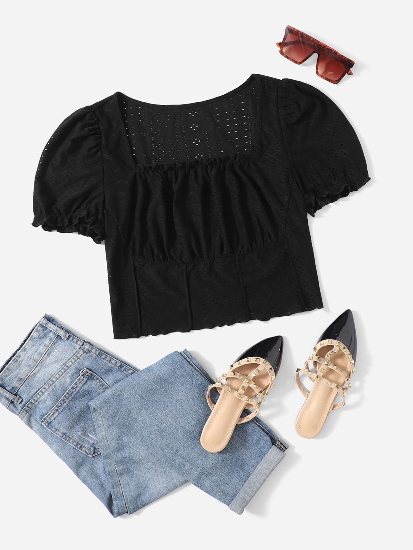 SHEIN Qutie 大碼網眼刺繡木耳褶皺邊泡泡袖木耳邊T恤