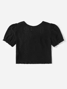 SHEIN Qutie 大碼網眼刺繡木耳褶皺邊泡泡袖木耳邊T恤