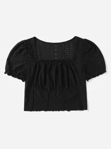 SHEIN Qutie 大碼網眼刺繡木耳褶皺邊泡泡袖木耳邊T恤