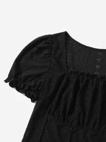 SHEIN Qutie 大碼網眼刺繡木耳褶皺邊泡泡袖木耳邊T恤