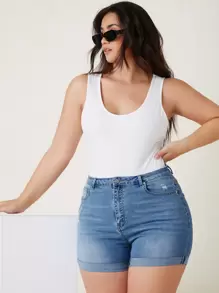 SHEIN Frenchy Quần short denim oversized Nút Túi Dây kéo màu trơn - Rửa trung bình - Xem 1