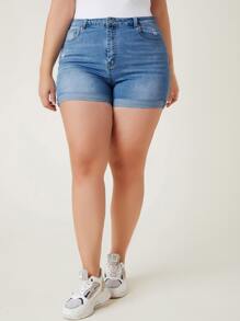 SHEIN Frenchy Quần short denim oversized Nút Túi Dây kéo màu trơn - Rửa trung bình - Xem 2