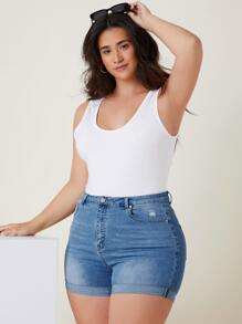 SHEIN Frenchy Quần short denim oversized Nút Túi Dây kéo màu trơn - Rửa trung bình - Xem 3