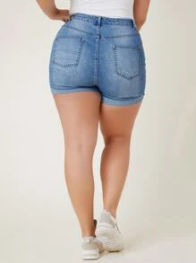 SHEIN Frenchy Quần short denim oversized Nút Túi Dây kéo màu trơn - Rửa trung bình - Xem 6