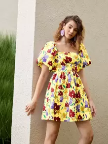 Floral Print Puff Sleeve A-line Dress - Multicolor - View 1