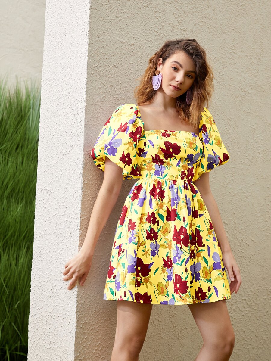 Floral Print Puff Sleeve A-line Dress - Multicolor - View 1