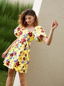 Floral Print Puff Sleeve A-line Dress - Multicolor - View 4