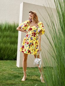 Floral Print Puff Sleeve A-line Dress - Multicolor - View 5