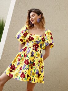 Floral Print Puff Sleeve A-line Dress - Multicolor - View 6