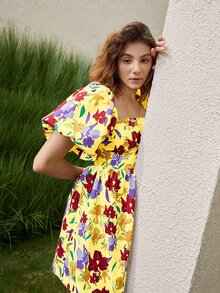 Floral Print Puff Sleeve A-line Dress - Multicolor - View 7