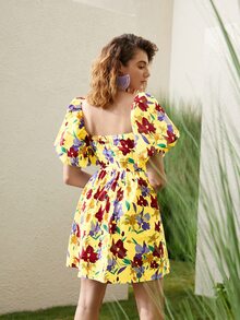 Floral Print Puff Sleeve A-line Dress - Multicolor - View 8