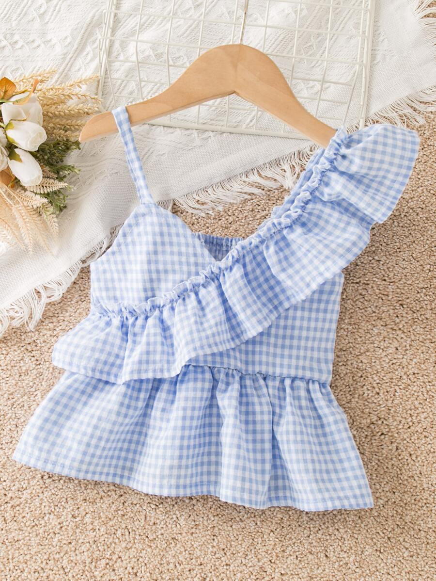 Toddler Girls Gingham Asymmetrical Neck Ruffle Trim Blouse - Baby Blue - View 1