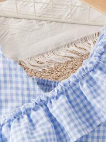 Toddler Girls Gingham Asymmetrical Neck Ruffle Trim Blouse - Baby Blue - View 3