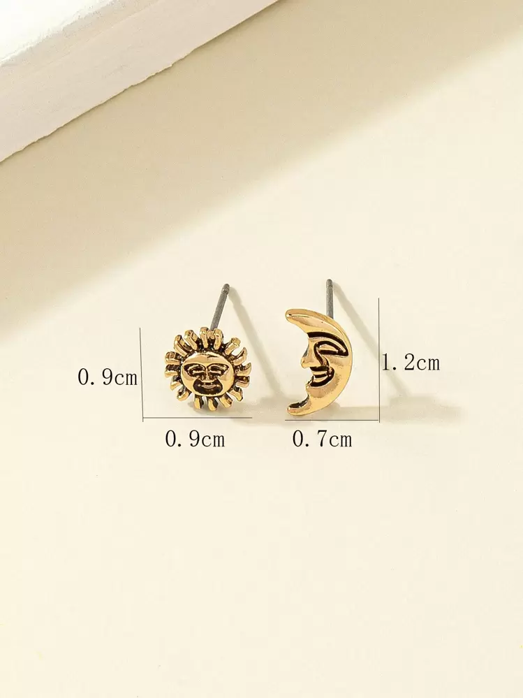 日 & 月デザイン 非対称 スタッドピアス - ブロンズ - 見る 4