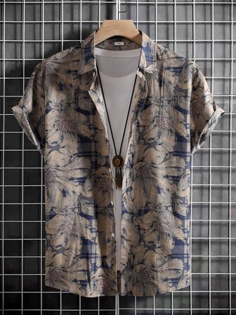 Uomo Camicia stampa floreale e quadri casual a caso senza maglietta, camicia slim fit button up con colletto a manica corta