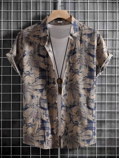 Uomo Camicia stampa floreale e quadri casual a caso senza maglietta, camicia slim fit button up con colletto a manica corta