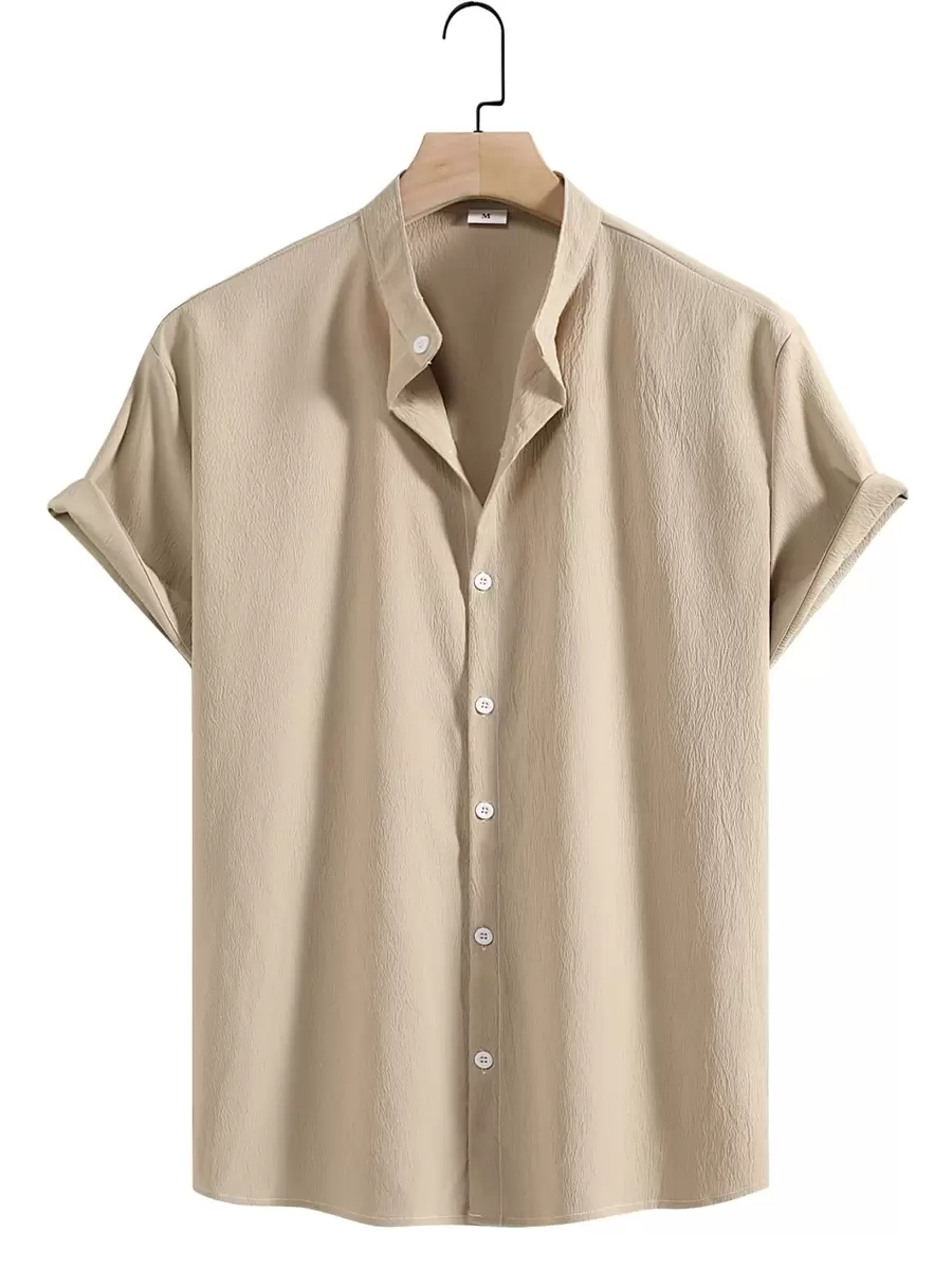 Manfinity Homme Camisa de manga corta sólida y urbana con botones para hombre, para el esposo - Caqui - Ver 1