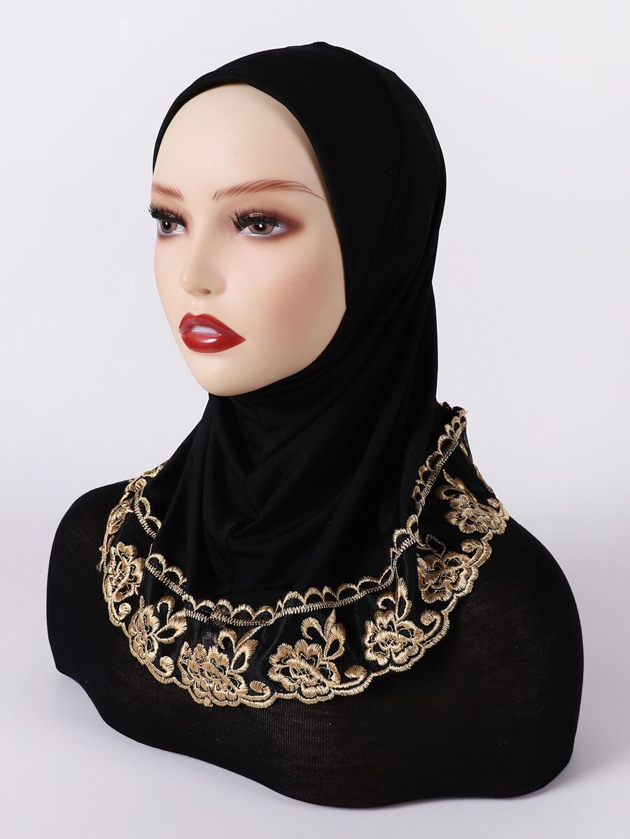 1pc Embroidered Lace Hijab, Suitable For Daily Wear - Black - View 1
