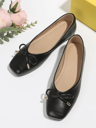 Fall/Winter Crocodile Embossed Bow Decor Ballet Flats, Black Elegant Bowknot Solid Color Ballet Flats For Women Valentines