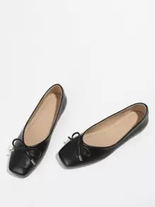 Crocodile Embossed Bow Decor Ballet Flats, Black Elegant Bowknot Solid Color Ballet Flats For Women Valentines