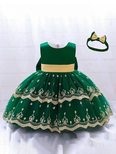 女童缎面蝴蝶结泡泡裙，可爱优雅连衣裙，适合上学穿着，附赠发带