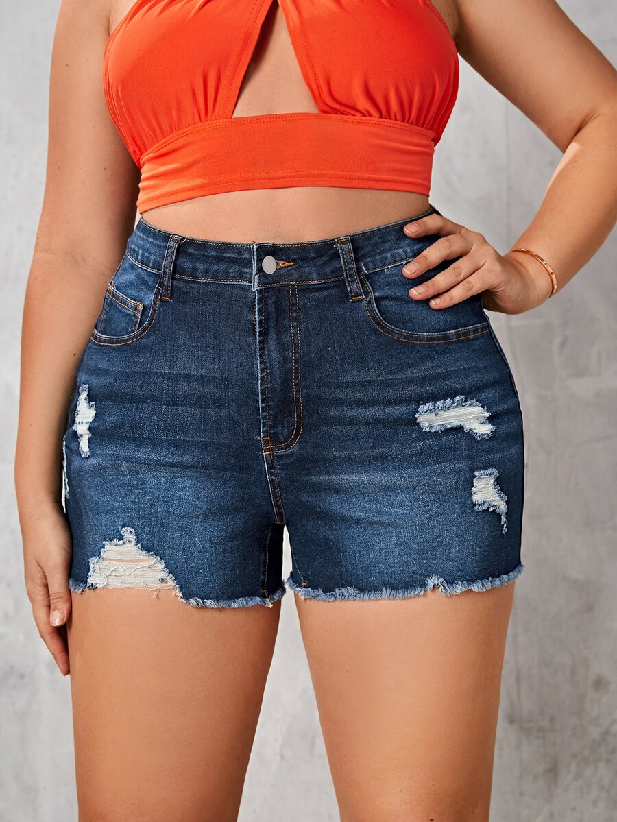 Shorts en mezclilla desgarro crudo bajo crudo - Azul lavado oscuro - Ver 1