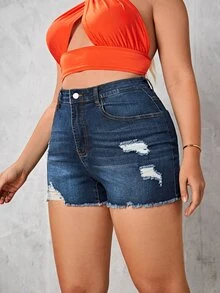 Shorts en mezclilla desgarro crudo bajo crudo - Azul lavado oscuro - Ver 3