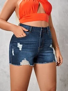 Shorts en mezclilla desgarro crudo bajo crudo - Azul lavado oscuro - Ver 4