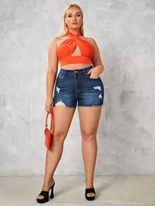 Shorts en mezclilla desgarro crudo bajo crudo - Azul lavado oscuro - Ver 5