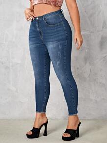 SHEIN Essnce 大碼水洗毛邊牛仔褲 - 深色水洗藍 - 查看 3