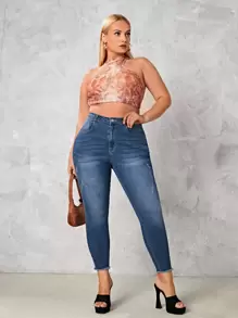 SHEIN Essnce 大碼水洗毛邊牛仔褲 - 深色水洗藍 - 查看 5