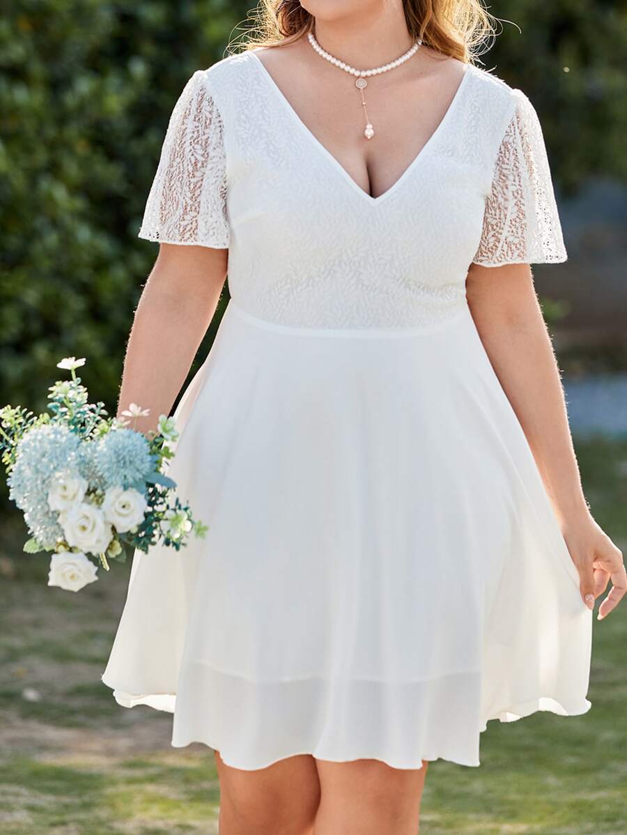 SHEIN Frenchy Plus Contrast Lace Butterfly Sleeve Dress - White - View 1