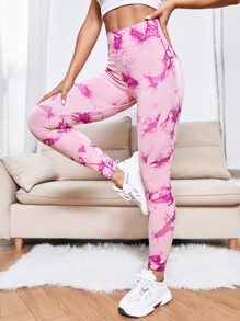 Yoga Trendy 無縫紮染寬腰帶運動打底褲 - 淺粉色 - 查看 4