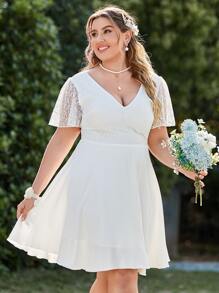 SHEIN Frenchy Plus Contrast Lace Butterfly Sleeve Dress - White - View 4