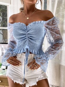 SHEIN Essnce Top de hombros descubiertos con bordado de malla de manga con cordón con fruncido - Neblina azul - Ver 3