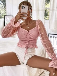 SHEIN VCAY 一字肩刺繡網紗袖抽繩打褶上衣 - 粉色 - 查看 5
