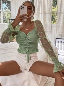 Chiquease Off Shoulder Embroidered Mesh Sleeve Drawstring Shirred Top - Mint Green - View 7