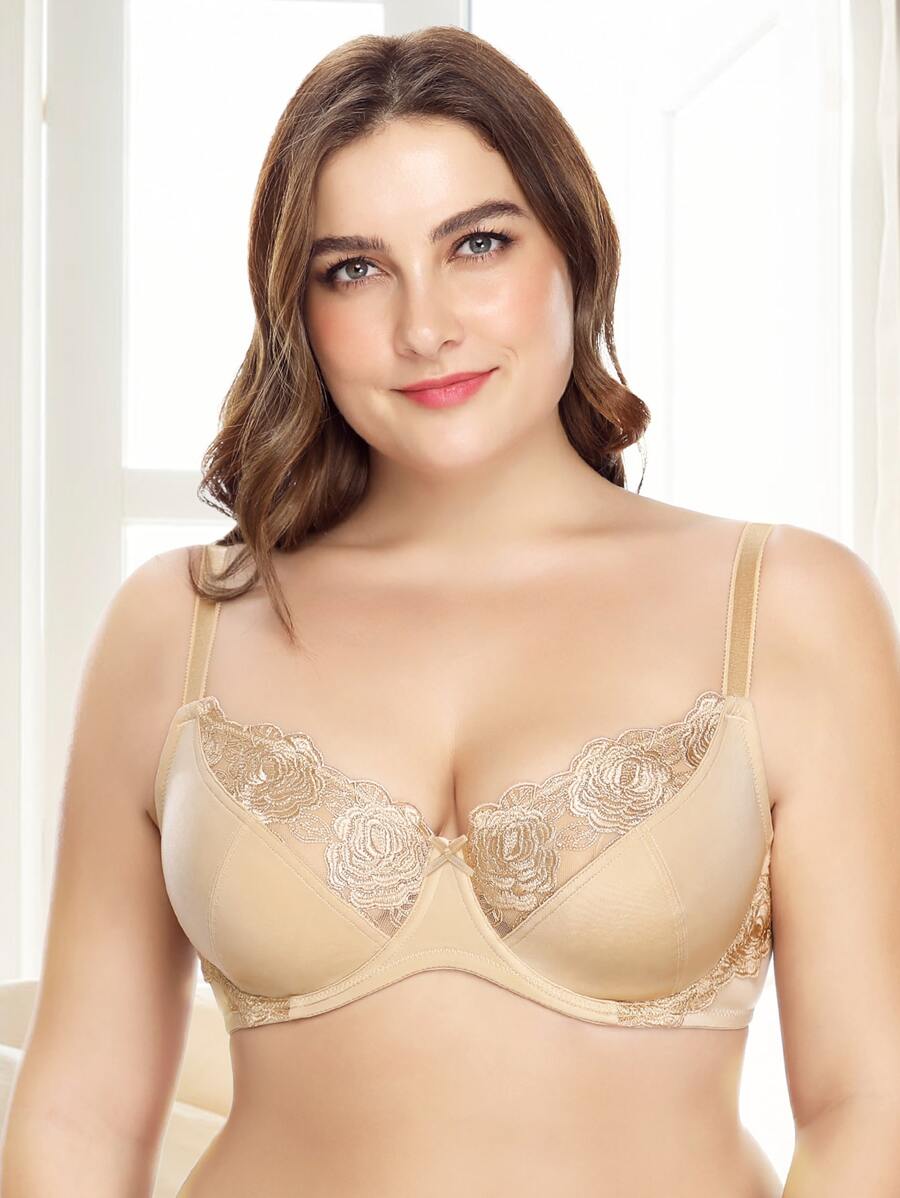 Plus Embroidered Mesh Non-Padded Underwire Bra, Lingerie - Apricot - View 1