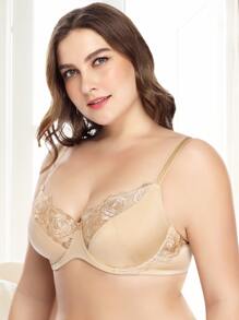 Plus Embroidered Mesh Non-Padded Underwire Bra, Lingerie - Apricot - View 3