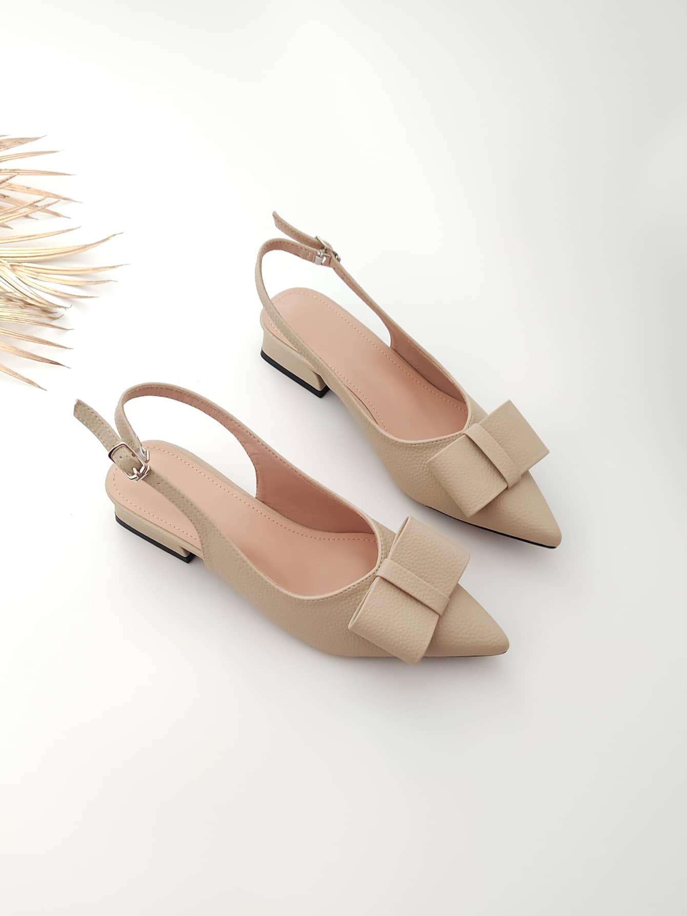 Bow Decor Point Toe Slingback Flats - Apricot - View 1