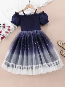 SHEIN Girls Ombre Contrast Mesh Shirred Frill Trim Ruffle Hem Dress - Navy Blue - View 1