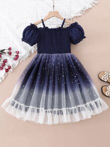 SHEIN Girls Ombre Contrast Mesh Shirred Frill Trim Ruffle Hem Dress - Navy Blue - View 2