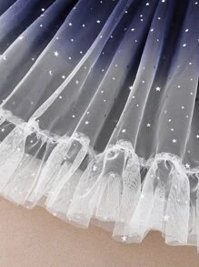 SHEIN Girls Ombre Contrast Mesh Shirred Frill Trim Ruffle Hem Dress - Navy Blue - View 4